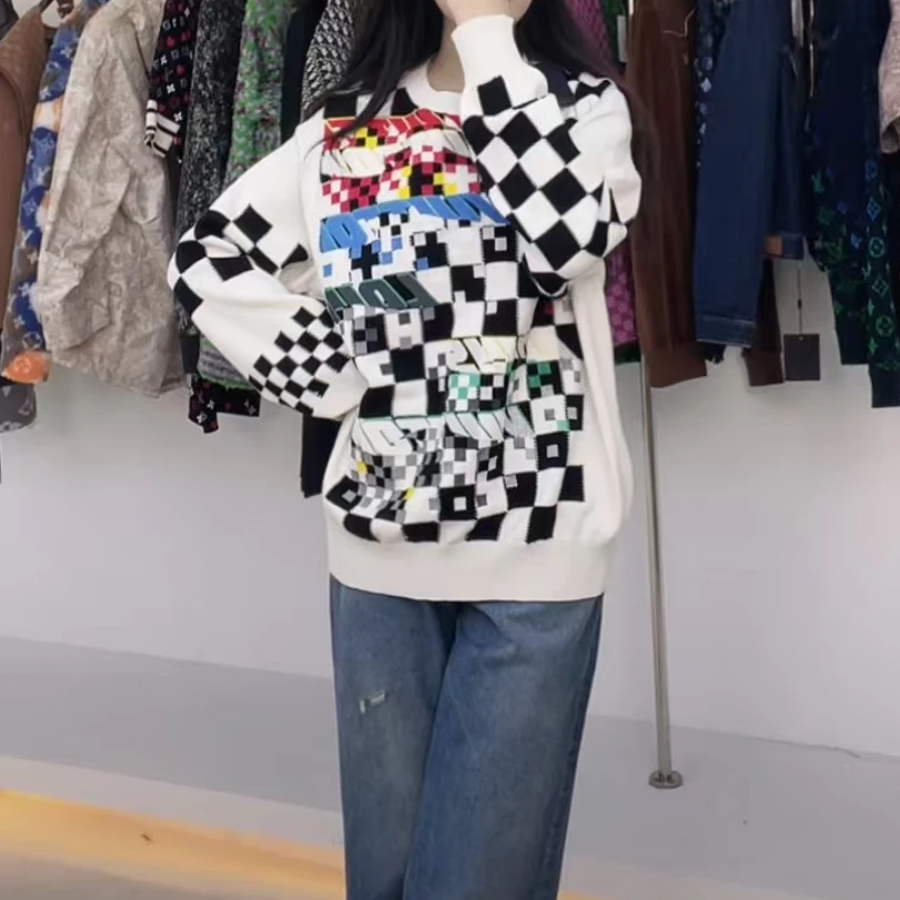 全新未使用 LouisVuitton/路易威登 棋盘格印花针织衫 白色/L