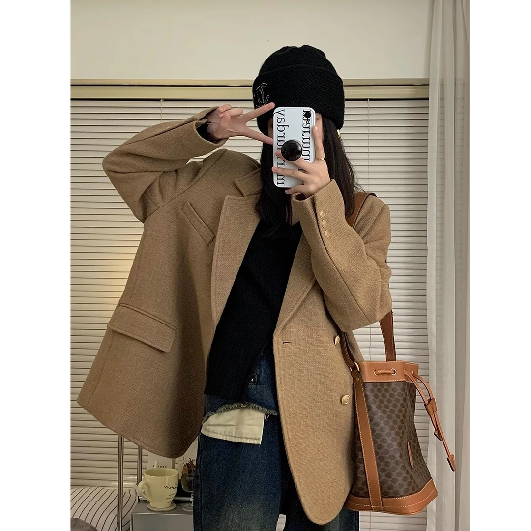 大码女装2025春秋新款胖妹mm毛呢西装外套韩版显瘦高级感呢子大衣