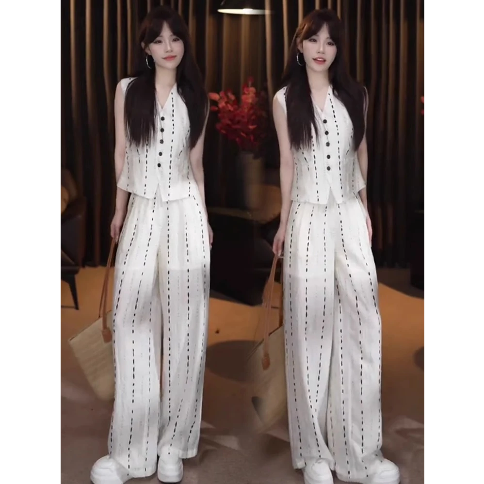 时尚套装2025夏季新款显瘦提花无袖上衣阔腿裤温婉大方衣服