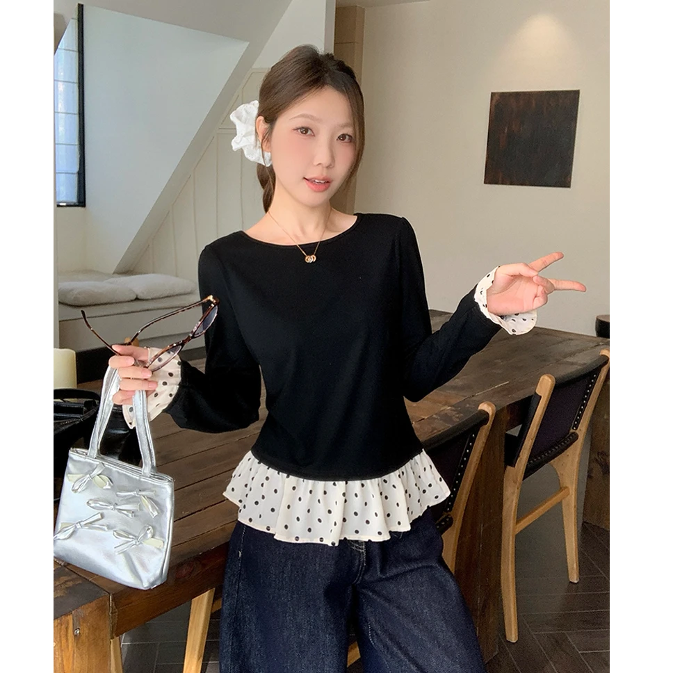 大码女设计感下摆波点拼接打底衫女2025春季显瘦假两件上衣64150