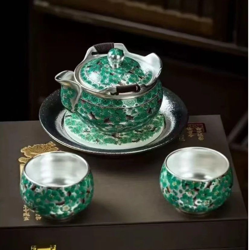 友名 瓷胎包银绿梅一壶两杯+壶承-6034