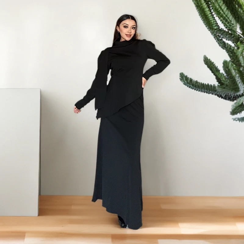 半身裙套装气质显瘦高腰长袖时尚长款泡泡袖鱼尾显瘦春秋