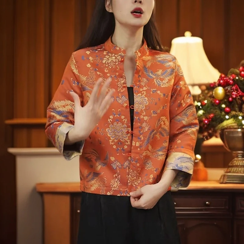 新中式重磅提花凤凰橘色双面穿短款外套长袖上衣2025新款原版正品