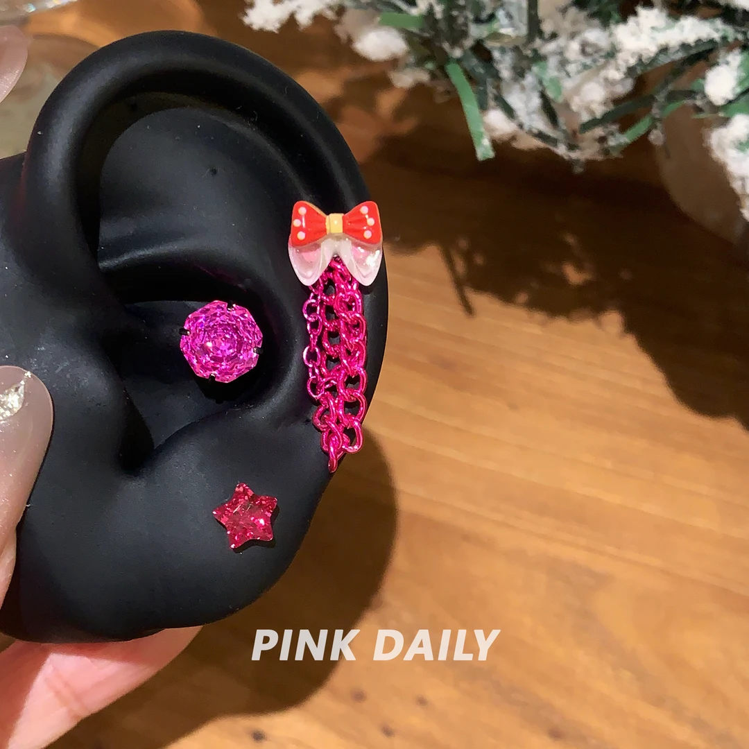 钛钢锆石耳饰 Pink Daily芭比粉玫瑰切耳骨钉蝴蝶结链条吊坠耳饰