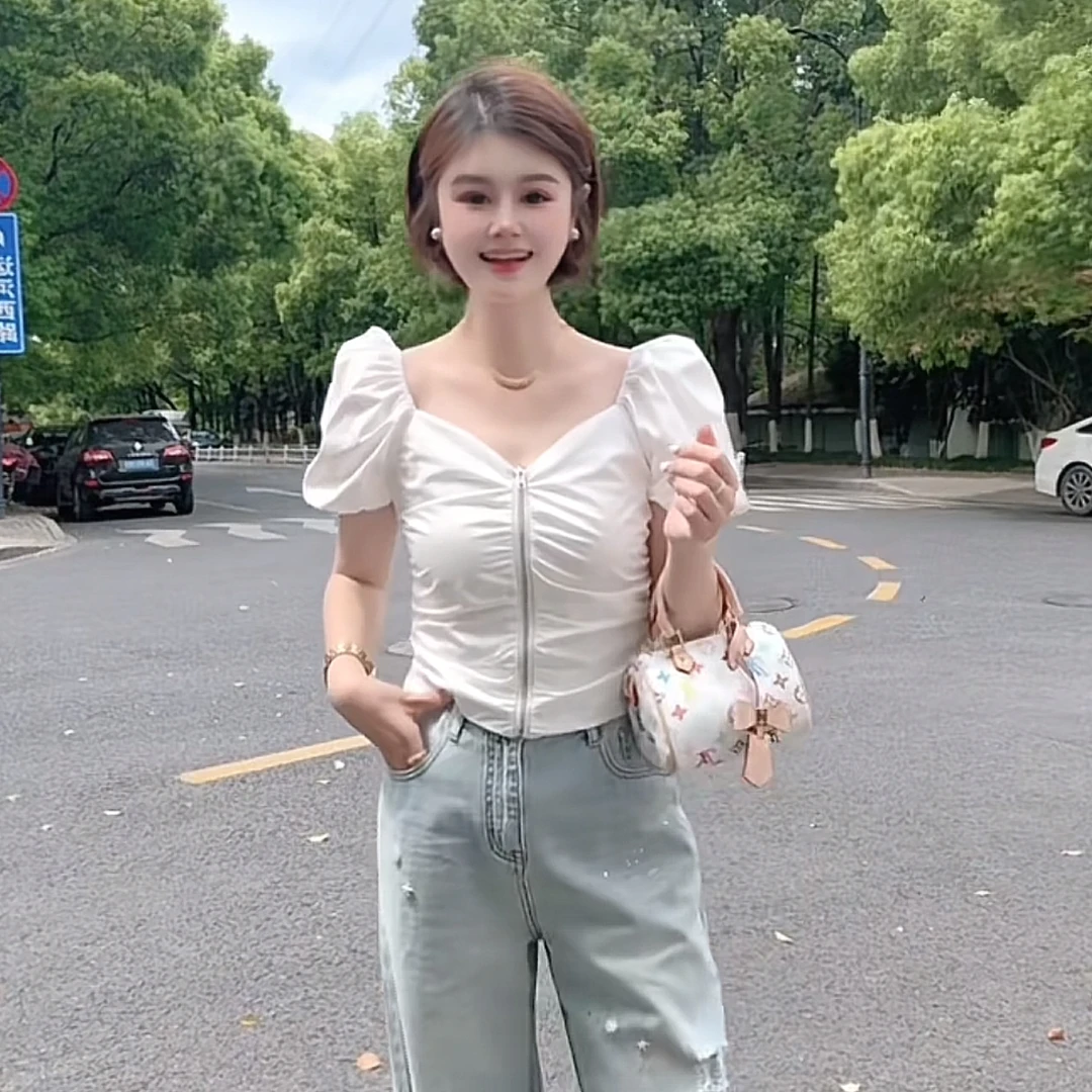 【花花定制】法式甜美拉链褶皱精致短袖上衣