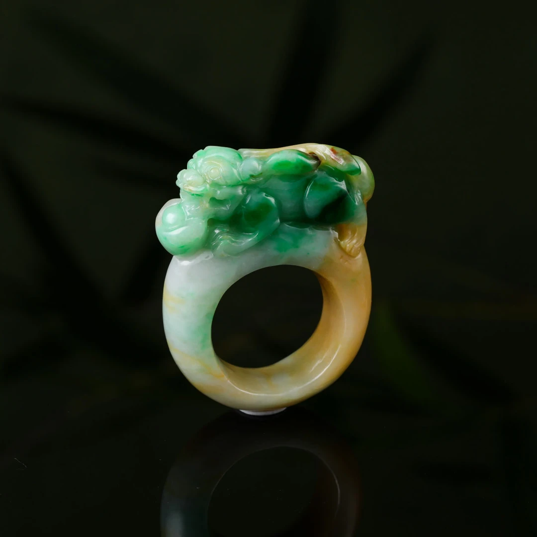 【意婵】（15-17）天然典藏级缅A老翡翠精雕貔貅戒指-914778