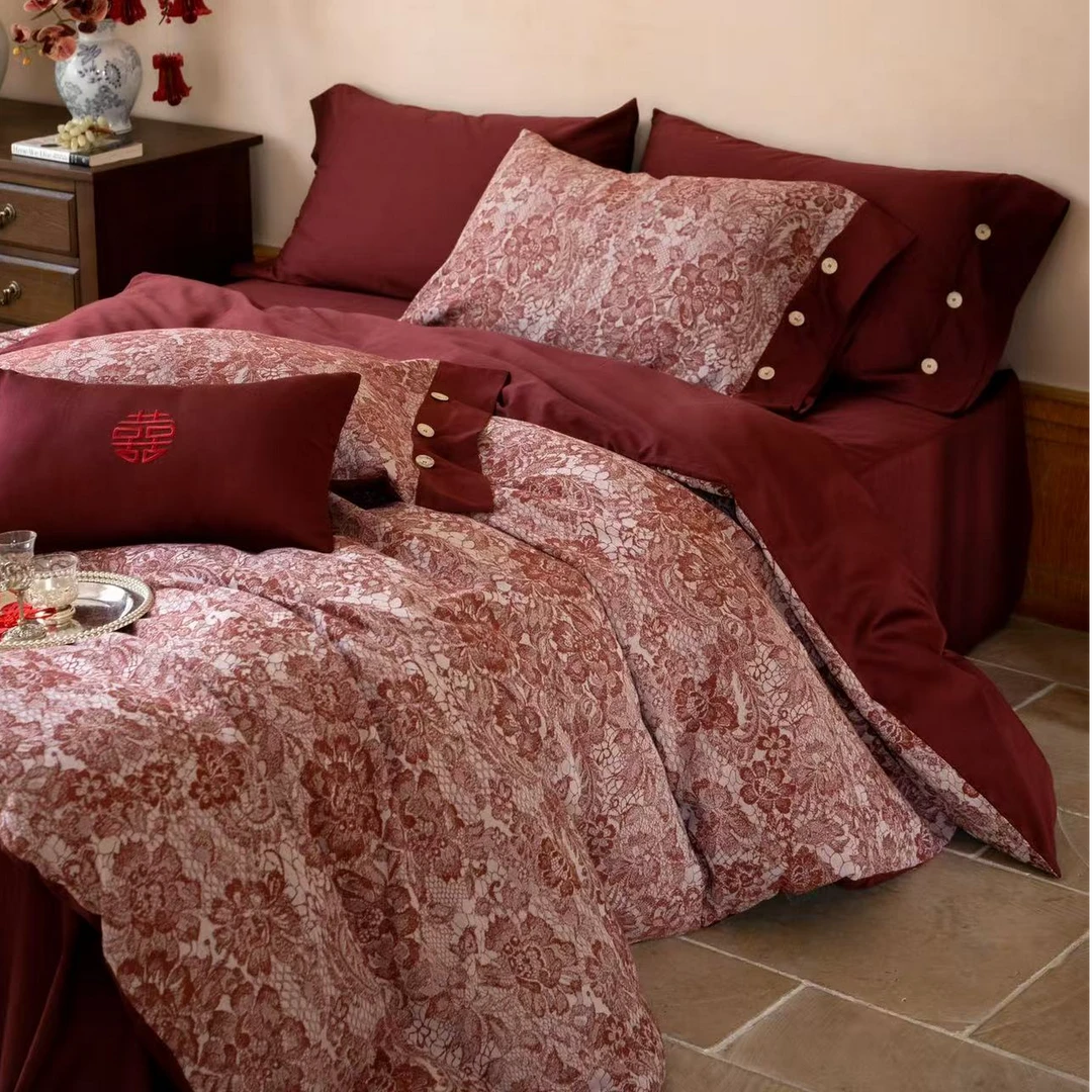 【岁岁长安】新品简约时尚东方婚嫁系列四件套全棉色织提花红色床品