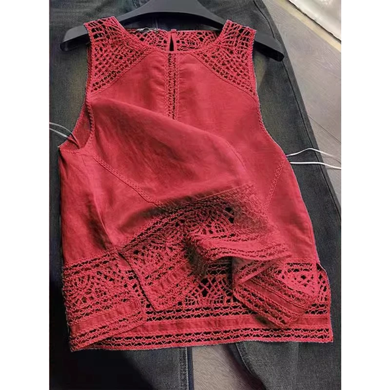 满眼都是品调！好美！红色蕾丝镂空背心女装慵懒感小众独特无袖吊带