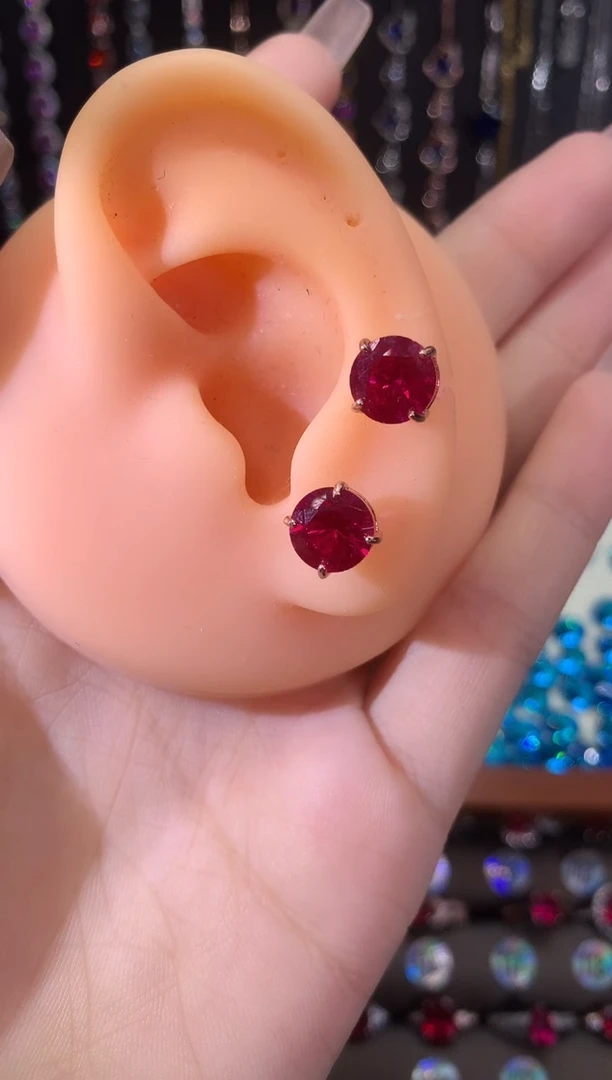 银S925镶嵌耳饰红宝石8玫瑰金