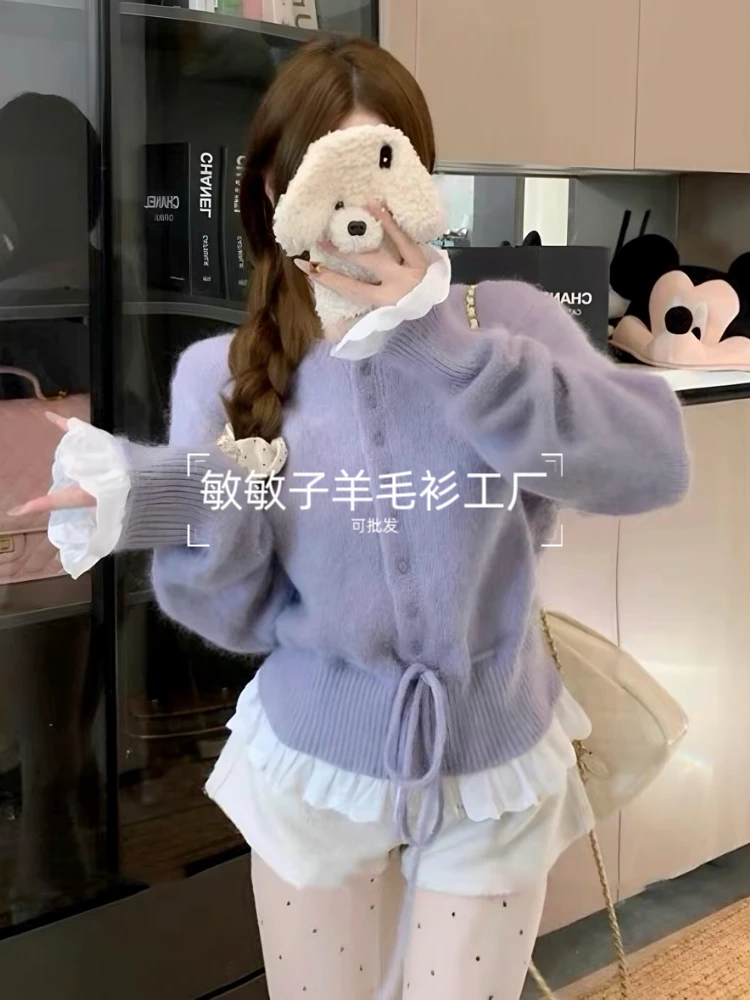 拼接毛针织衫温柔剪刀领针织开衫纯色气质针织衫秋季春秋均码