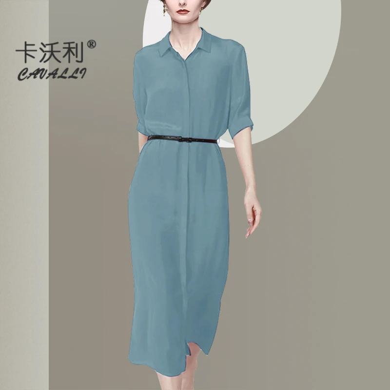 法式知性衬衫连衣裙2025夏季新款高端修身气质中长裙子显白青绿色