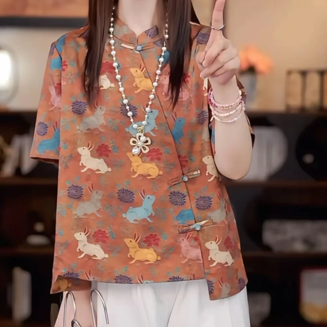 轻奢高级感新中式国风七彩兔短袖上衣