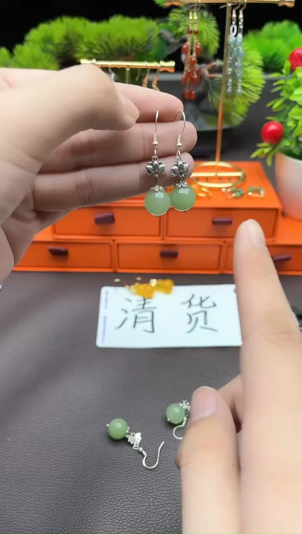 东陵石银S925镶嵌耳饰427