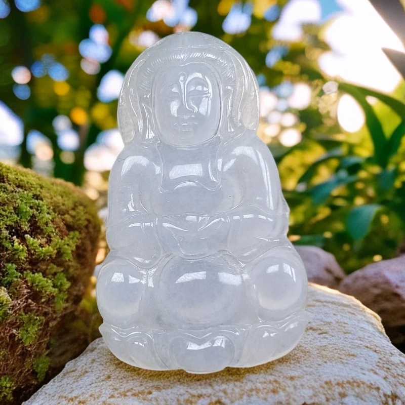 A货翡翠冰种起胶正装观音男女均可佩戴吊坠气质雕刻精雕白色