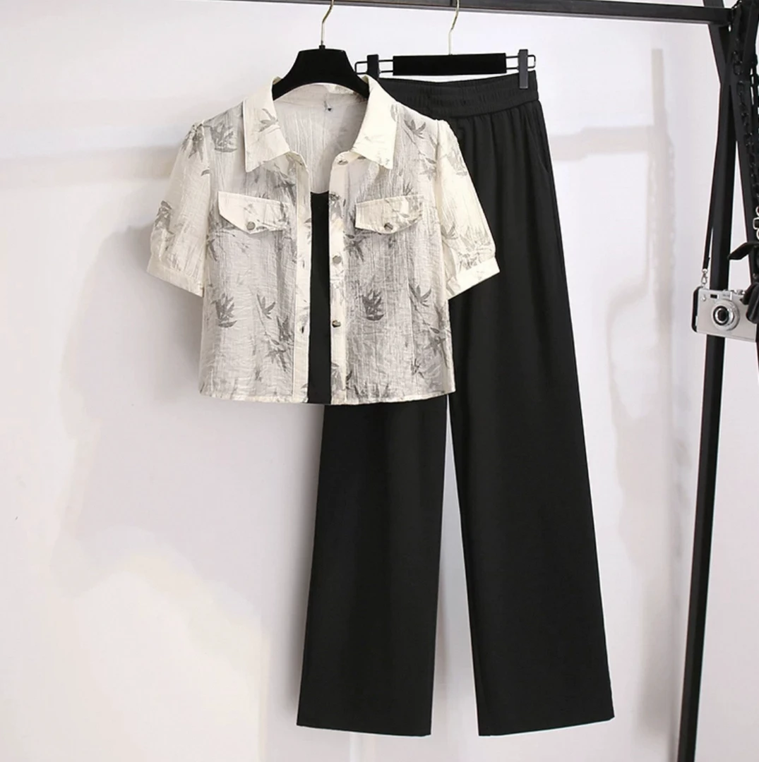 JIRUIMAN/吉瑞曼夏印花衬衫搭吊带+阔腿裤气质穿搭三件套XT095