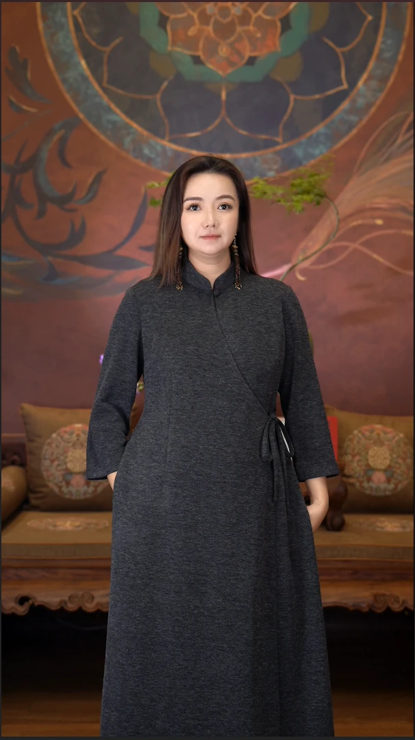 爱上莲心香云纱气质灰法兰绒旗袍女士复古纯色