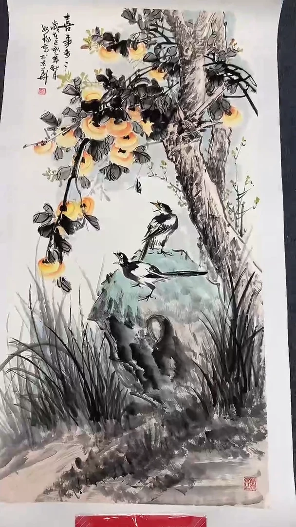 竖款精品四尺花鸟，喜事