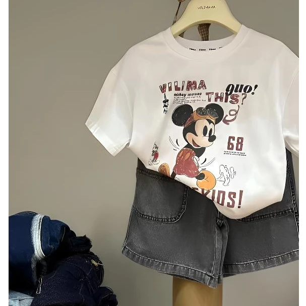 vilimama2025夏季米奇印花纯棉100棉短袖T恤55444-55416