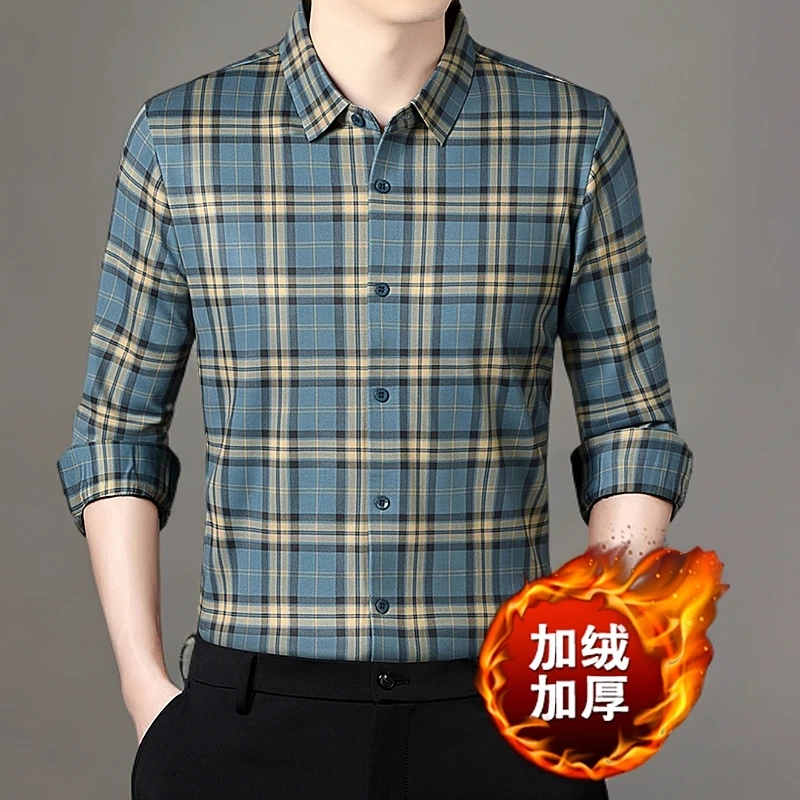 加绒衬衫秋冬季宽松休闲保暖无痕免烫柔软条纹格子男士长袖衬衣
