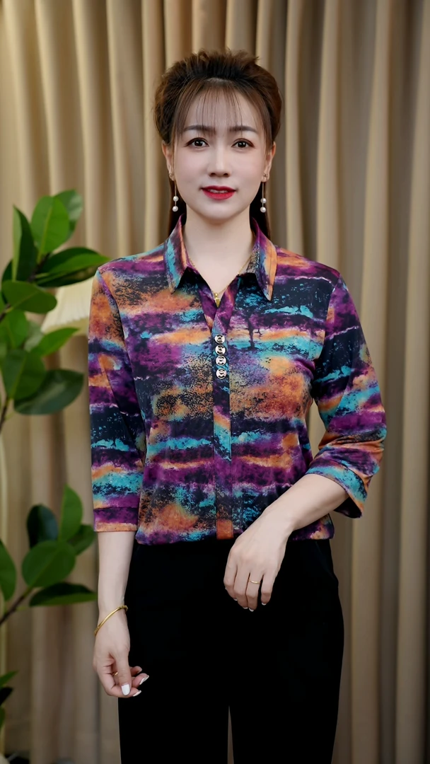 大兰子时尚妈妈装夏季新款衬衫领气薄七分袖百搭款小衫紫色晕染款