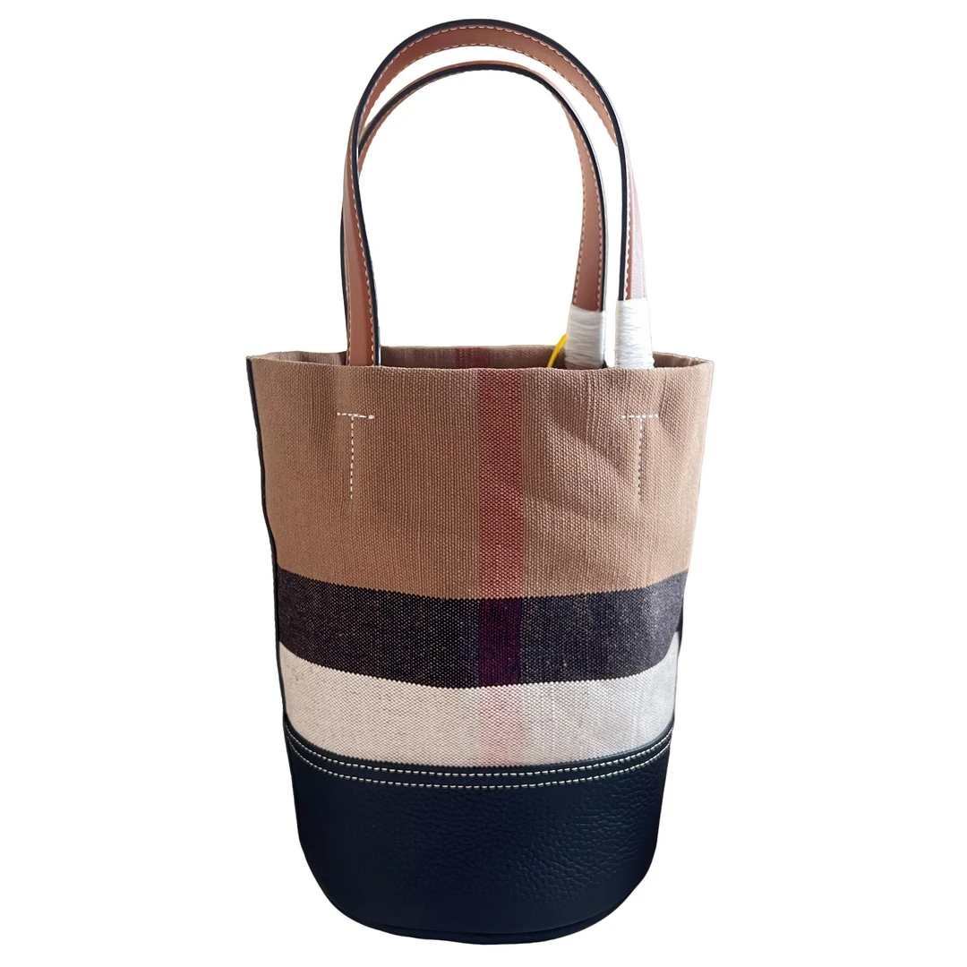 经典黄麻拼接牛皮水桶包时尚百搭