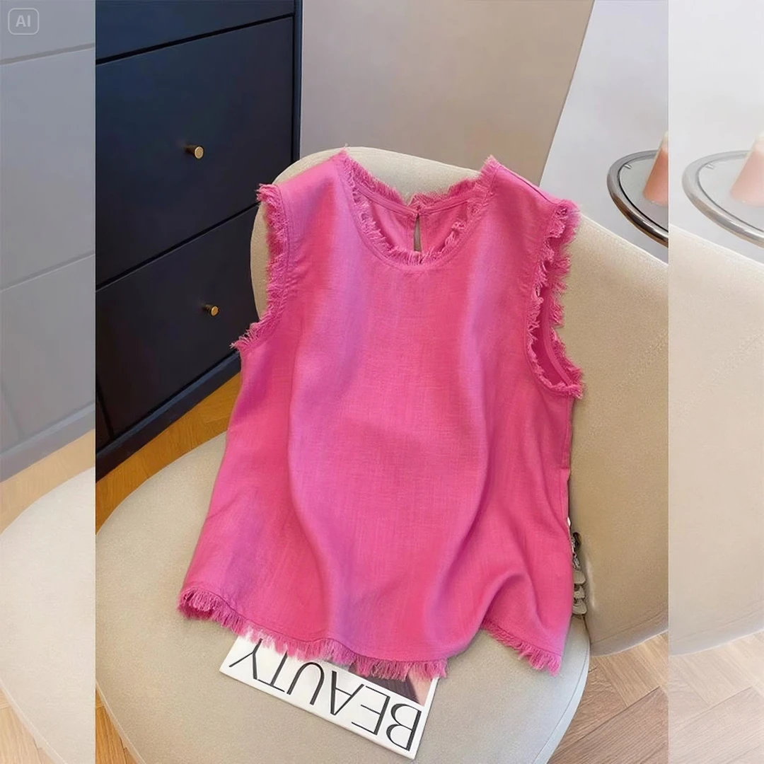 树莓粉流苏边无袖衬衫女夏季2025新款宽松时尚多巴胺穿搭背心上衣