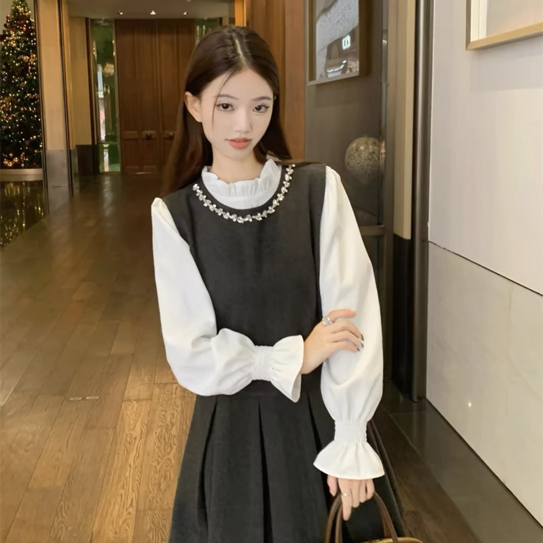 【李姑娘专属】时尚大码女装5585法式气质钉钻百褶背心连衣裙套装