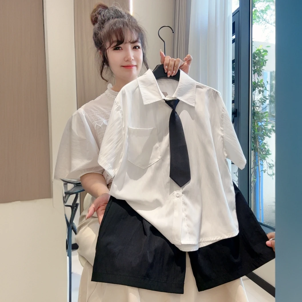 儿童夏季个性纯色短袖衬衫短裤套装休闲男女童白衬衫套装潮流夏款