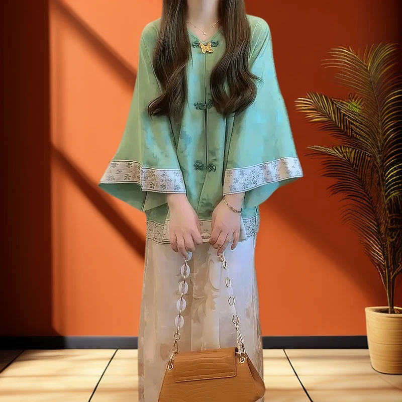 【青花鸾】新中式国风印花衬衫上衣外套+半身裙两件套装女秋新款