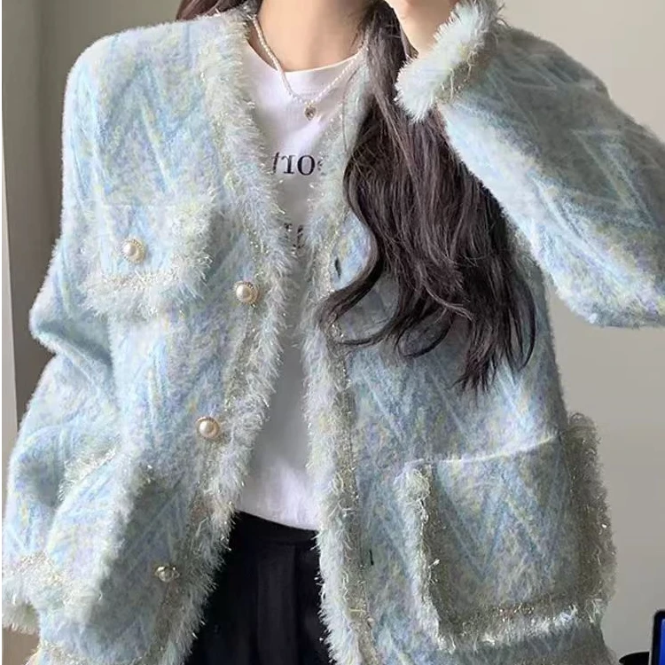 B45秋冬新款小香风外套宽松V领开女洋气时尚百搭外穿