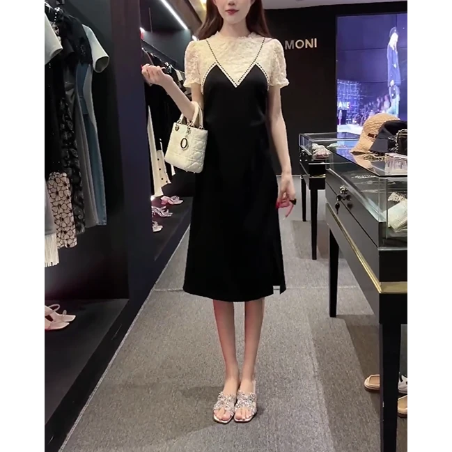 法式气质黑色连衣裙2025夏季新款流行独特漂亮收腰显瘦拼接A字裙