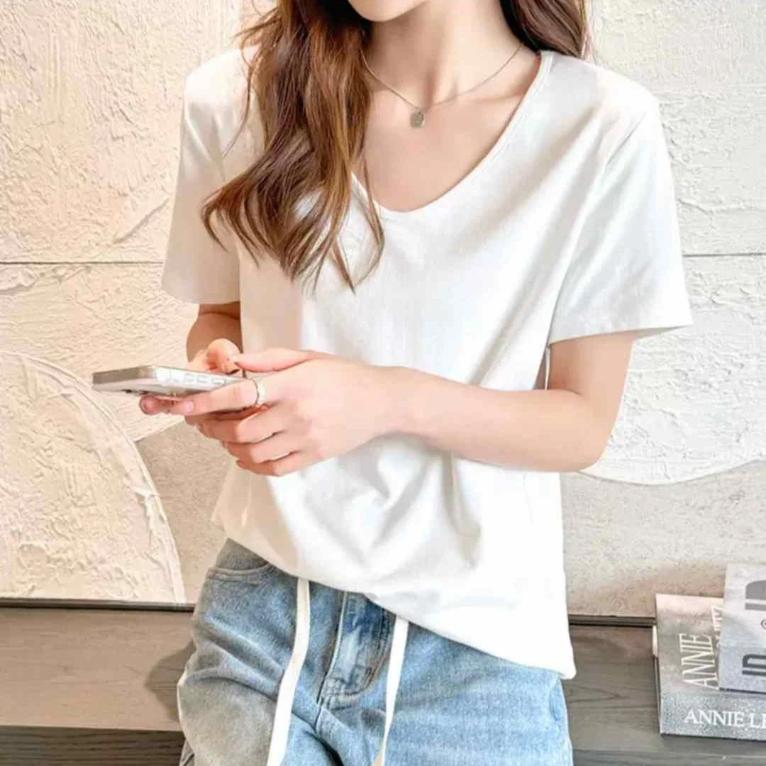 XGLMC2025夏季白色大v领新款纯色宽松慵懒感弹力短袖t恤女棉T显瘦