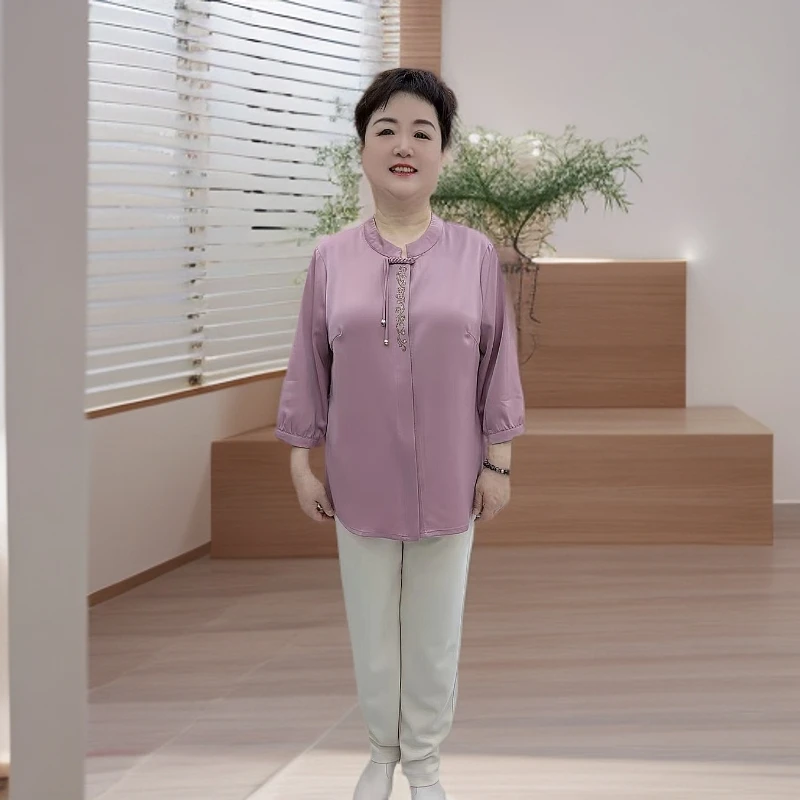 宽松型薄款中老年女装宽松盘扣七分袖衬衣衬衫8753
