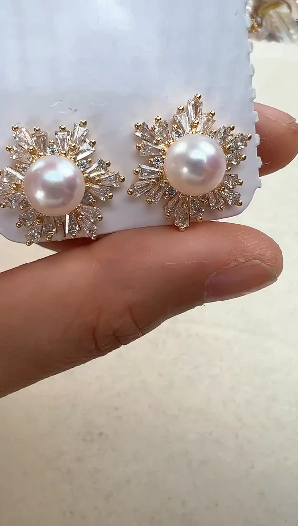 【闪购商品】淡水珍珠耳饰合金金色雪花