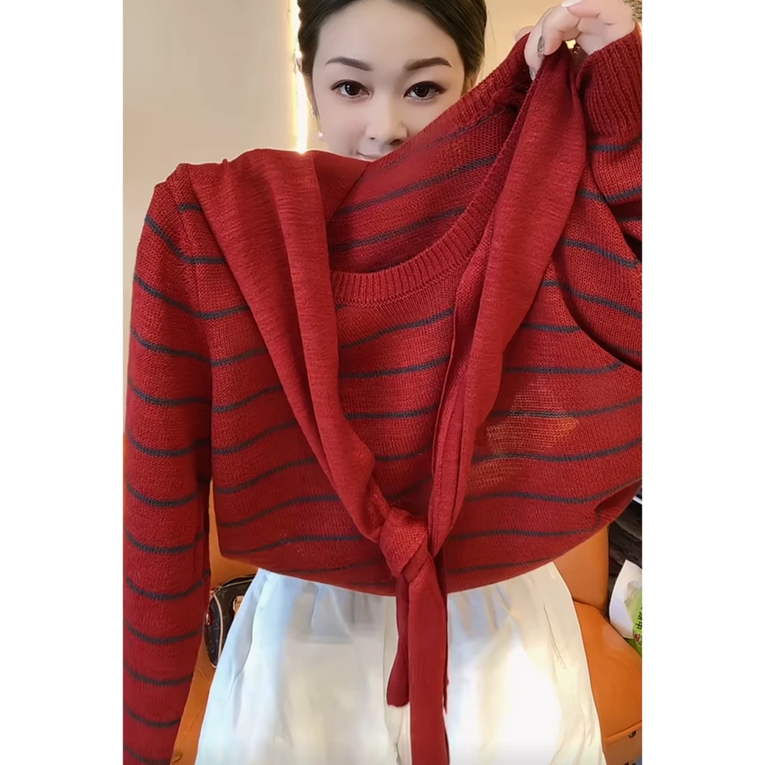 今年流行穿搭2025早秋新款温柔风条纹纯色毛针织衫学院风长袖上衣