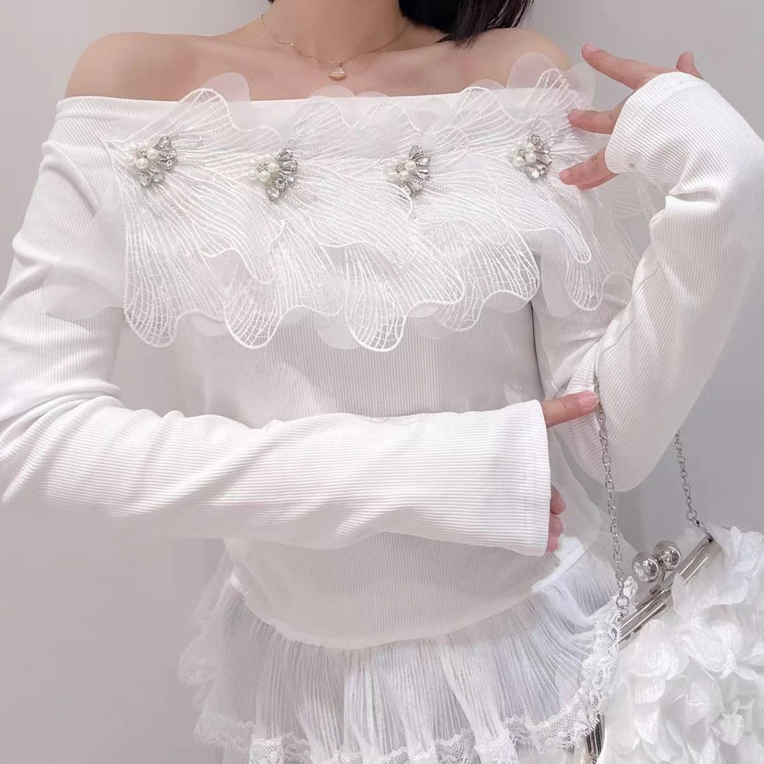 【漫老板】0179私服 定制轻奢小众一字肩蕾丝荷叶边T恤