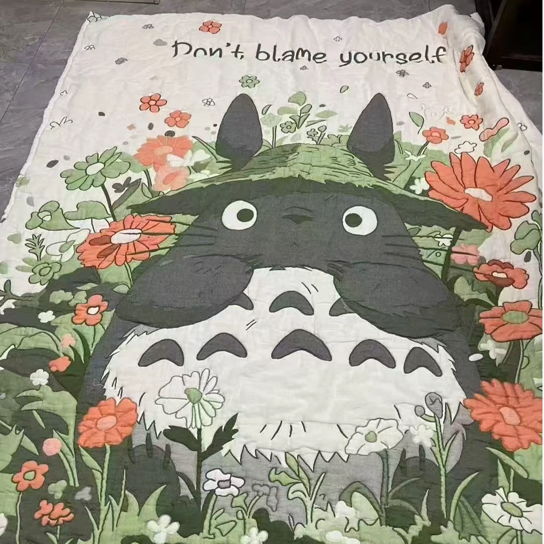 【花丛龙猫】150*200cm亲肤可爱卡通柔软纱布春秋夏泡芙被XH