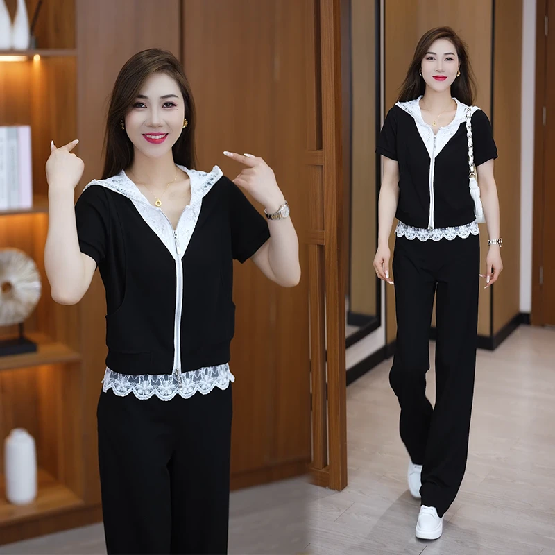 女士夏季新款休闲套装洋气卫衣阔腿裤巨显瘦遮肉妈妈装两件套2522