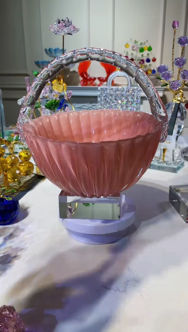 手工艺品琉璃圆形粉色提篮