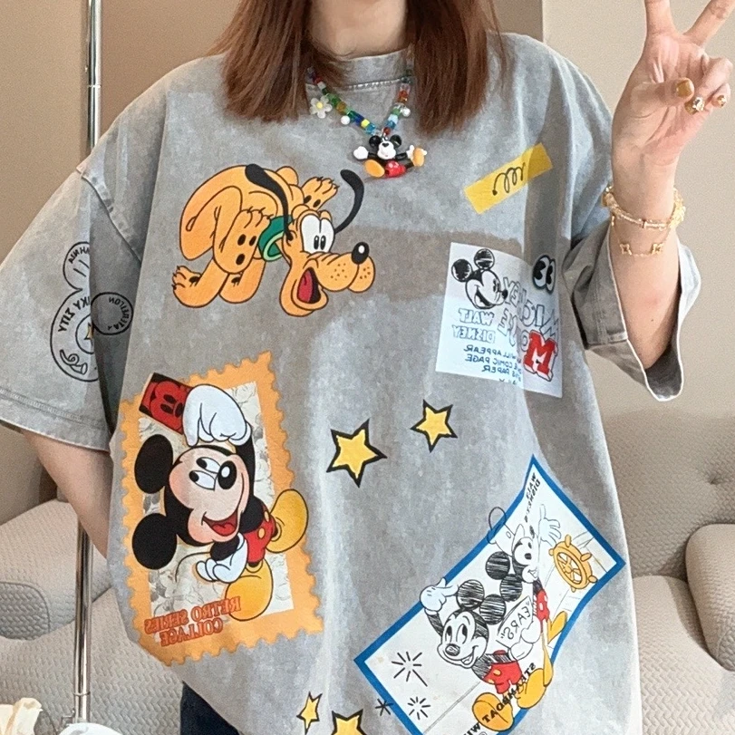 【One专属】东大门韩版卡通水洗灰米奇印花短袖T恤宽松百搭上衣潮流