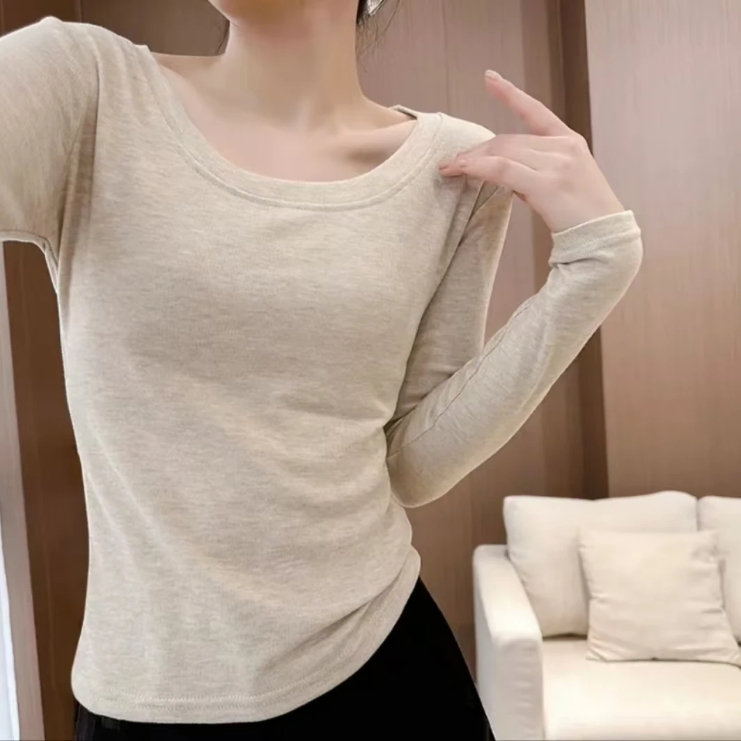 （现货清仓）长袖U领正肩t恤女秋冬季新款修身掐腰显瘦打底内搭