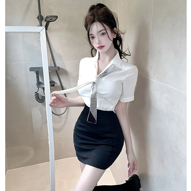 酒店足疗会所女技师工作服飘带短袖白衬衫包臀裙按摩足道工服套装