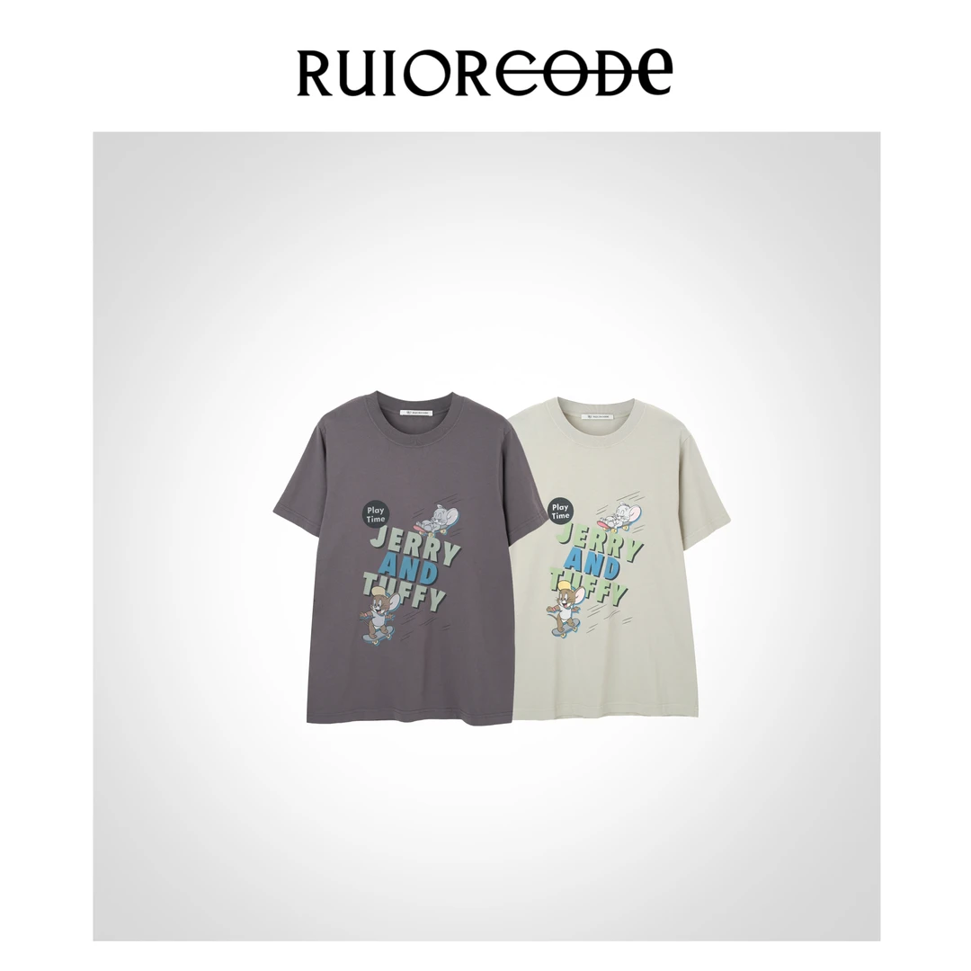 【RUIORCODE】双色卡通“JERRY”字母图案圆领短袖 理性消费！！