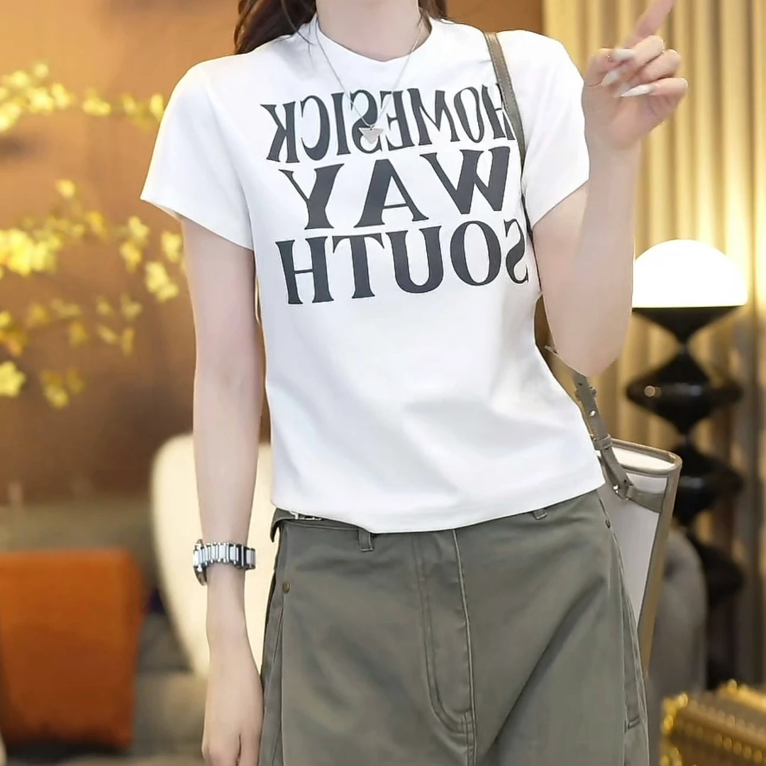 设计感简约印花字母圆领休闲百搭T恤女2025新款夏季韩版时尚上衣
