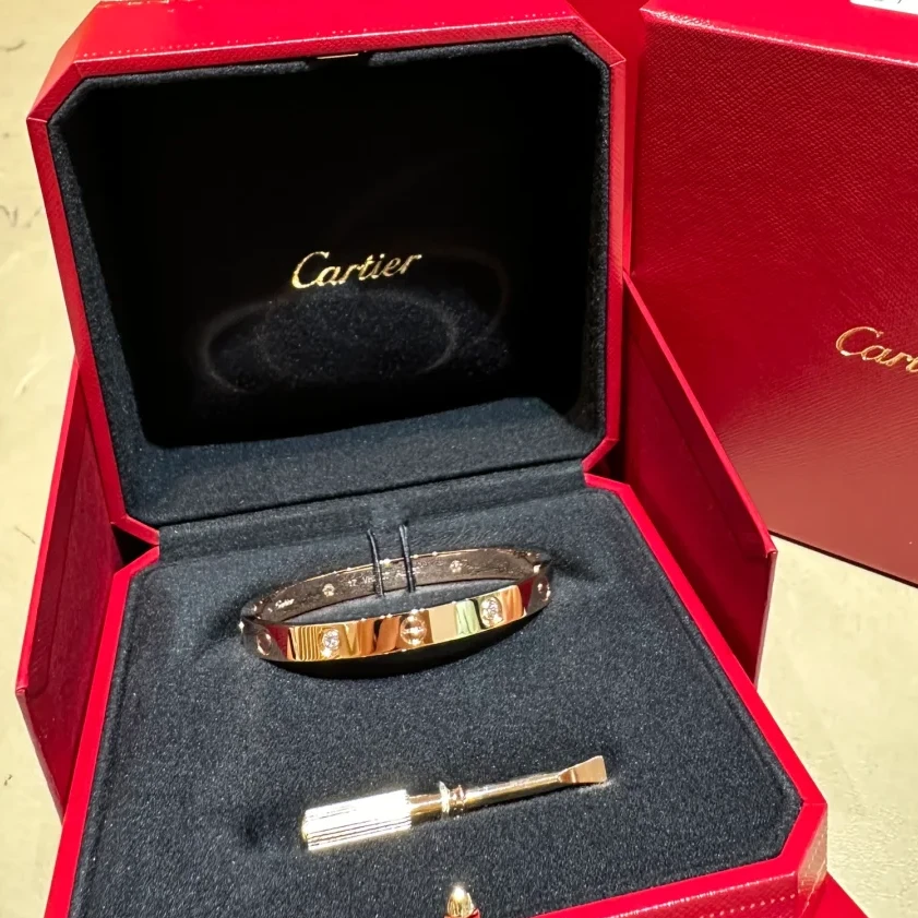 99新 Cartier/卡地亚 小花6珊 LOVE宽版四钻手镯 17号 玫瑰金25年