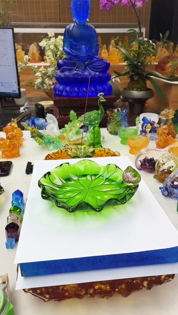 手工艺品琉璃绿色荷叶壶承17公分