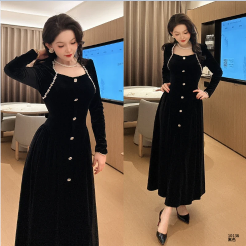 Saeda品牌女装秋冬款新款金丝绒气质显瘦名媛风婚礼连衣裙YF10136