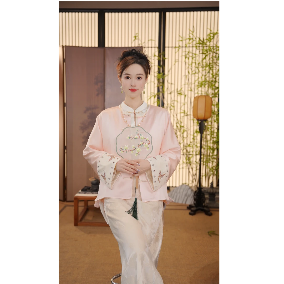 CJ【粉佳人】中式提花上衣2025新款圆领长袖百搭气质外套YY2502172