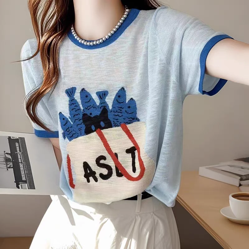 趣味小鱼手提包图案轻薄冰麻短袖针织t恤夏季休闲拼色圆领上衣女