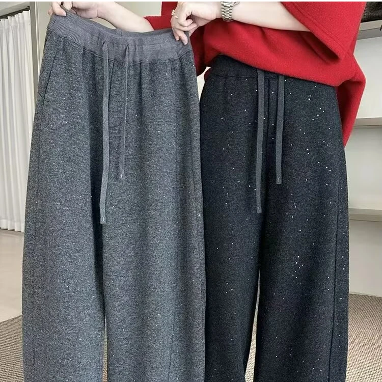 冬季阔腿裤弯刀裤时尚宽松加绒保暖直筒裤口袋休闲裤百搭